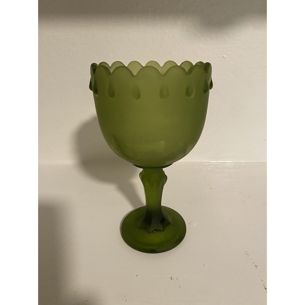 Vintage Mid Century Indiana Glass Frosted Satin Green Compote Goblet Teardrop